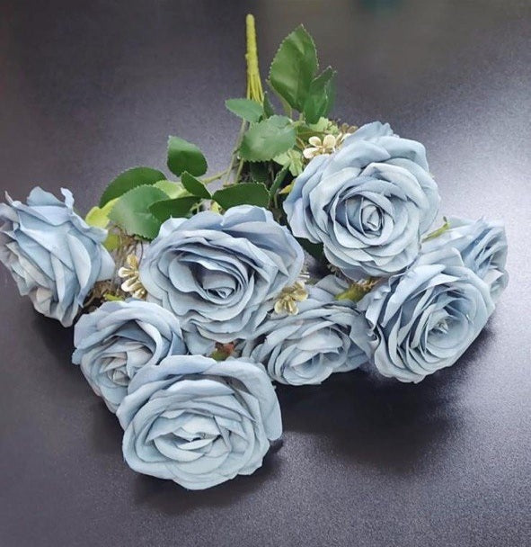 Buchet 9 trandafiri bleu artificiali – 47cm, tije sârmă, material textil
